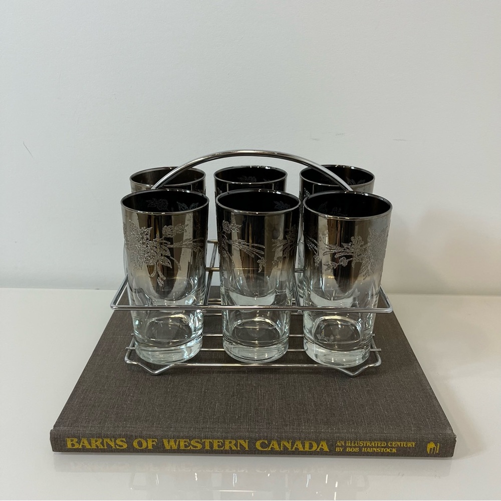 Vintage Vitreon Queen’s Lustreware Silver Platinum Ombré Highball 6 Glass CADDY